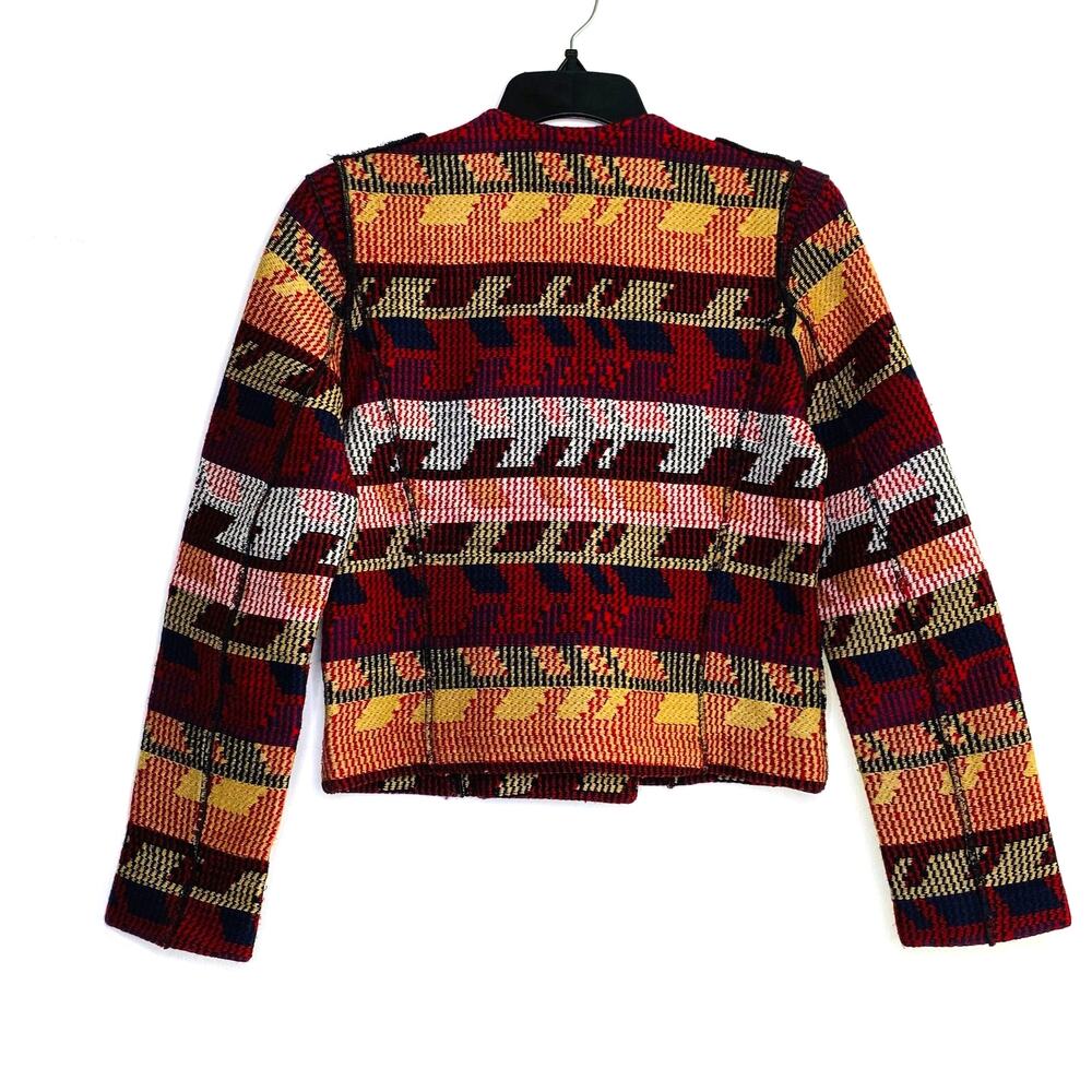 Maje Aztec Moto Jacquard Jacket Asymmetric Zip Front Sz 38 Medium Quiet Luxury - Picture 5 of 12
